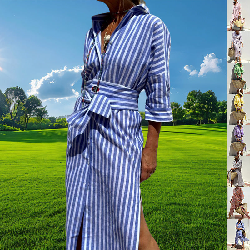 Robe Chemise Élégante à Rayures et Ceinture