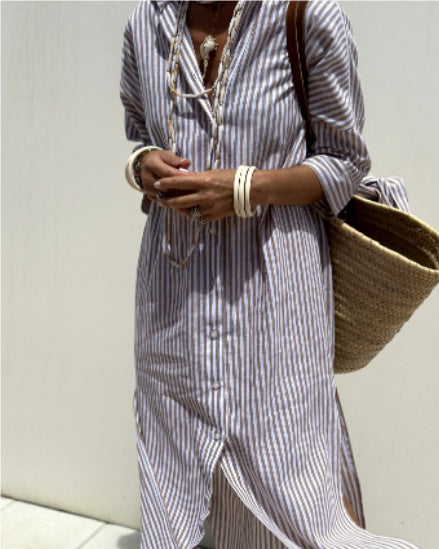 Robe Chemise Élégante à Rayures et Ceinture