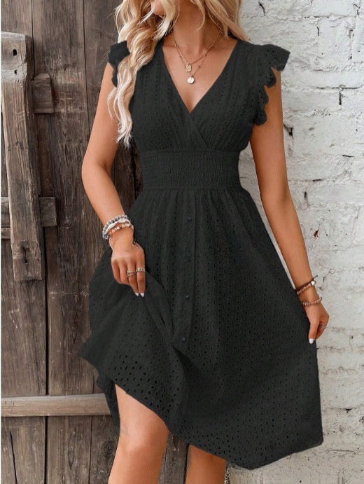 Robe d’Été Unie Respirante à Col V et Taille Cintrée