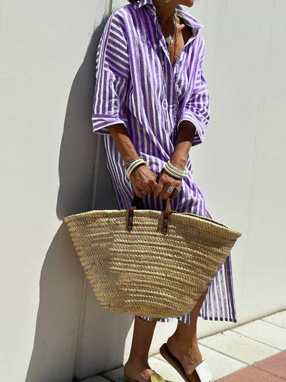 Robe Chemise Élégante à Rayures et Ceinture