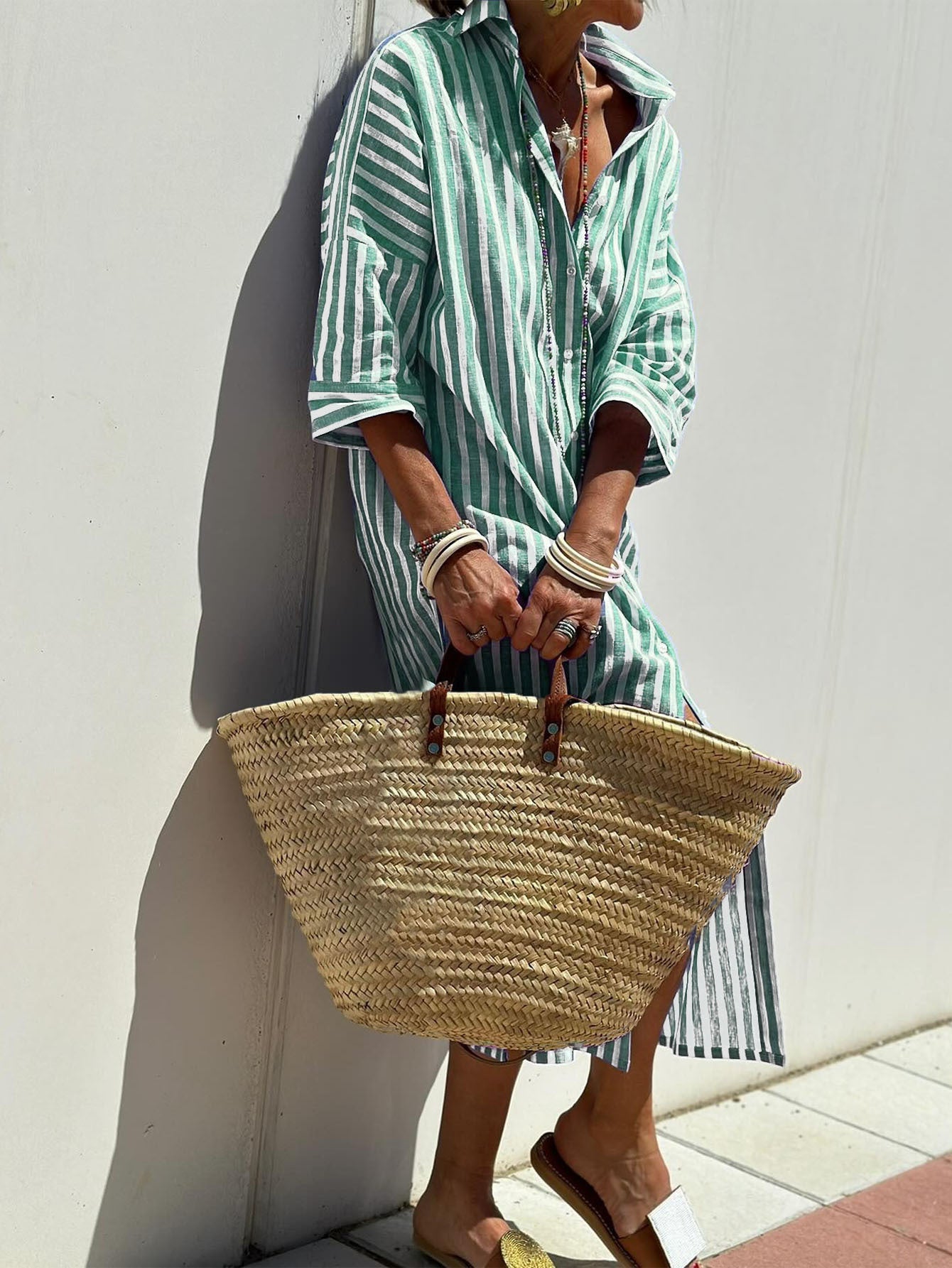 Robe Chemise Élégante à Rayures et Ceinture