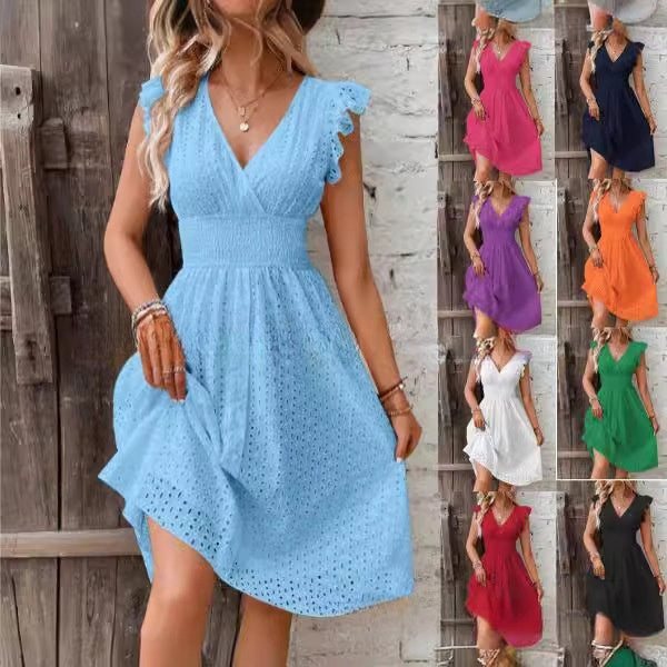 Robe d’Été Unie Respirante à Col V et Taille Cintrée
