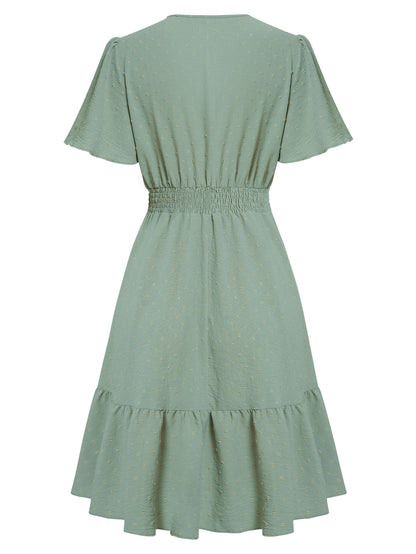 Robe unie à col en V et manches à volants