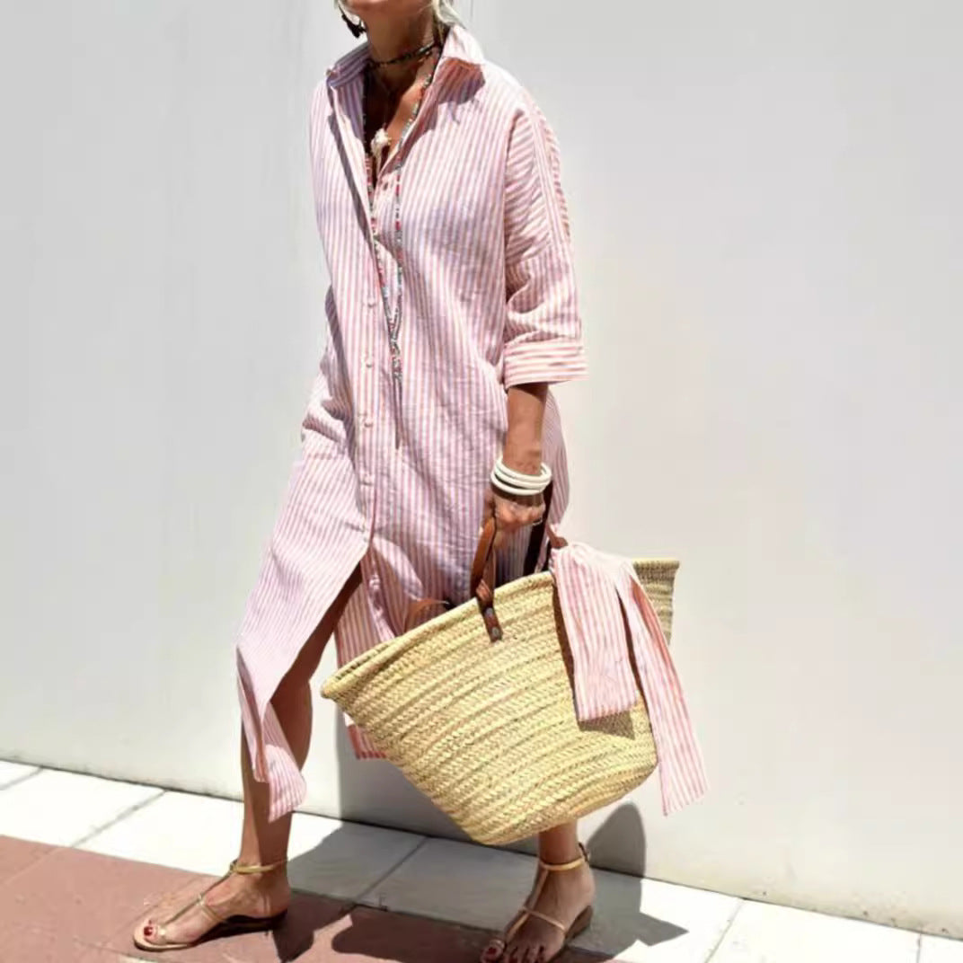 Robe Chemise Élégante à Rayures et Ceinture