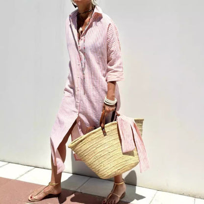 Robe Chemise Élégante à Rayures et Ceinture