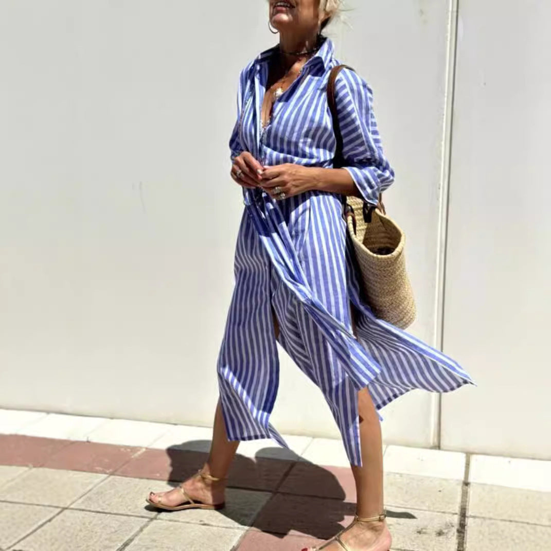 Robe Chemise Élégante à Rayures et Ceinture